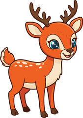 Cartoon deer character, cheerful forest animal, orange brown coat, white spots, blue eyes, antlers, kids content, cute design, fun illustration