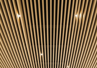 Modern wooden slat ceiling with integrated lighting design, stylish architectural detail.