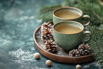 cups of tea with pine cones and pine branches on wooden tray.