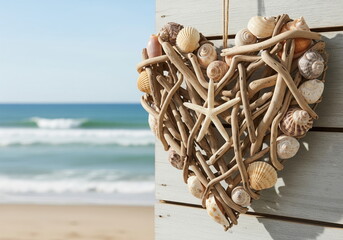 Rustic heart made of driftwood and seashells hanging on wall with ocean waves in background