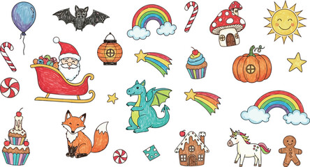 Vector art of collection of whimsical handdrawn illustrations including santa, dragon, unicorn, and more