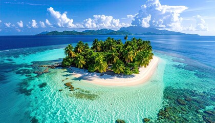 Aerial View of Tropical Island with Azure Water and Lush Greenery in Sunny Weather