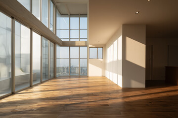 Modern café interior with large glass windows letting in warm morning sunlight. Minimal wooden furniture, indoor plants, and natural light create a calm and cozy atmosphere.