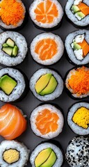 Sushi rolls aligned, various fillings, close-up view