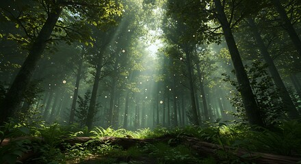 Obraz premium Lush forest scene with sunlight streaming through trees and foliage