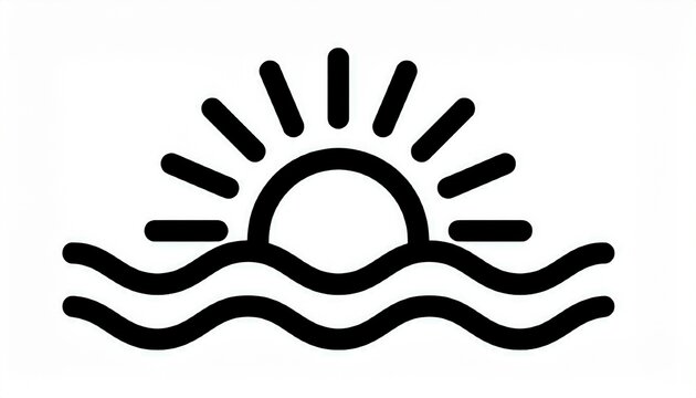 Sunset over the ocean icon, minimalistic black and white illustration, sunrise over the waves design for logo or decoration