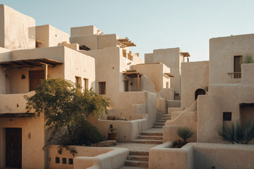Traditional adobe-style houses with flat roofs and earthy tones under warm desert sunlight. The architecture features stairways, wooden doors, and natural textures typical of Middle Eastern.