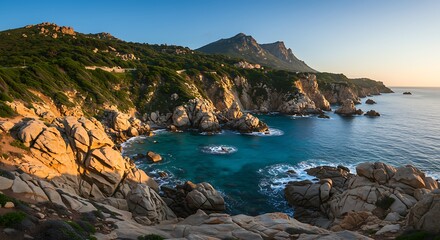 Fototapeta premium Coastal landscape featuring cliffs meeting ocean under a clear sky