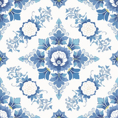 A seamless Chinese porcelain pattern with blue and white floral motifs. Great for packaging, tableware, and cultural decorative branding.