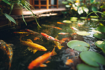 ChatGPT said:

Description:
Colorful koi fish swimming gracefully in a clear garden pond surrounded by green plants and water lilies. Peaceful and relaxing atmosphere with reflections of natural light