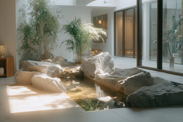 Modern indoor Japanese-style garden with rocks, bamboo plants, and a small pond inside a minimalist home. Natural light flows through large glass windows, creating a calm and zen-inspired atmosphere.