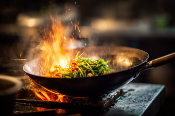 Chef cooking stir-fried vegetables in a hot wok with flames rising, creating a dramatic scene in a professional kitchen. Asian cuisine concept showing high heat, fresh ingredients, and motion.