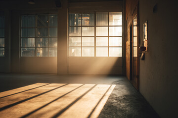 Empty industrial garage interior with concrete floor and large glass door illuminated by warm sunlight. Minimalist architecture concept showing clean lines, space, and morning light through.