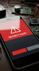 Obraz premium Mobile phone displaying a security alert with a warning sign. Digital data and network protection concept.