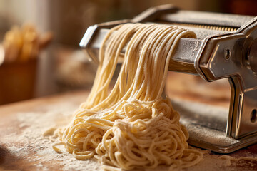 Fresh homemade pasta coming out of a stainless steel pasta maker in warm morning light, rustic kitchen atmosphere symbolizing tradition, craftsmanship, and Italian cuisine.