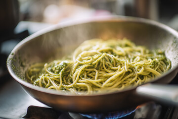 Close-up of spaghetti bolognese cooking in a pan on the stove, rich tomato meat sauce glistening in warm light, representing homemade Italian comfort food.