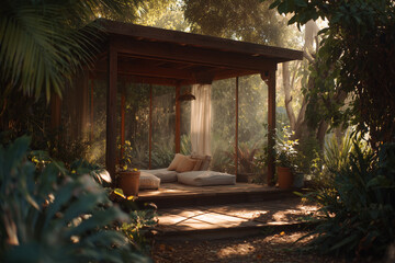 Cozy outdoor patio surrounded by lush greenery with wooden chairs and a canopy roof, creating a peaceful garden retreat for relaxation and afternoon tea. Natural light and rustic atmosphere.