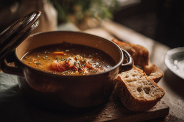 Hot homemade beef stew with potatoes and carrots served in a rustic cast iron pot, garnished with herbs and bathed in warm natural light.