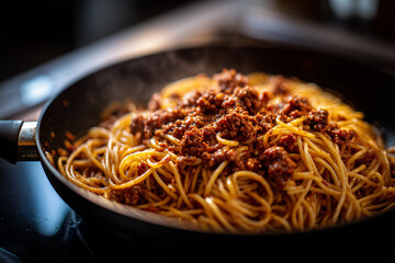 Close-up of spaghetti bolognese cooking in a pan on the stove, rich tomato meat sauce glistening in warm light, representing homemade Italian comfort food.