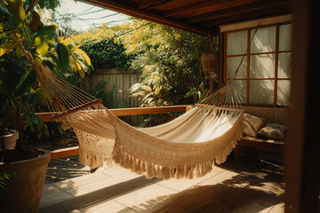 Cozy hammock hanging on a wooden terrace surrounded by lush tropical garden, peaceful outdoor retreat for relaxation and slow living.
