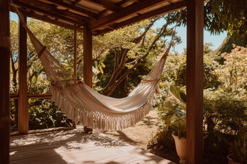 Cozy hammock hanging on a wooden terrace surrounded by lush tropical garden, peaceful outdoor retreat for relaxation and slow living.