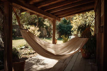 Cozy hammock hanging on a wooden terrace surrounded by lush tropical garden, peaceful outdoor retreat for relaxation and slow living.