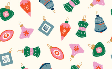 Christmas baubles pattern with trendy geometric ornament. Merry Christmas background for decorations, gift, greeting card, poster. Hand drawn color Xmas balls in flat style. Minimal Isolated vector il