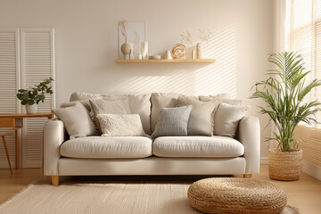 Modern cozy living room interior with beige sofa, decorative pillows, wooden furniture, and indoor plants in warm natural sunlight. Concept of Scandinavian design, comfort, and minimalist home decor.