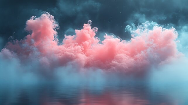 Abstract landscape with pink cloud formations reflected in tranquil water