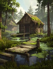 Rustic wooden cabins in a swampy forest