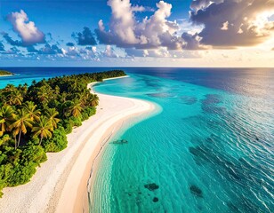 Aerial View of Tropical Island with White Sand Beach Turquoise Ocean and Lush Green Vegetation on a Sunny Day with Blue Sky and White Clouds
