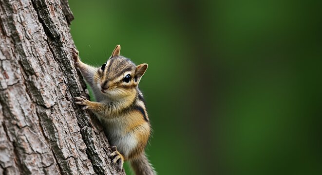 A captivating close-up of a charming chipmunk scaling a tree trunk against a blurred background