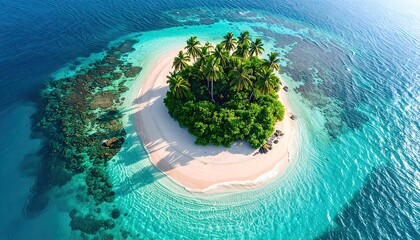 Aerial View of Tropical Island with White Sand Beaches and Turquoise Water in Sunlight