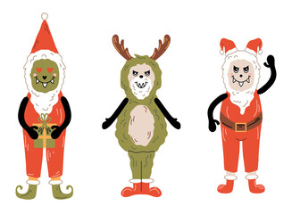 Santa Christmas cute Monsters with Teeth. Collection of Festive Characters in holiday outfits. Perfect for holiday cards, party invites, stickers, or kids’ designs 