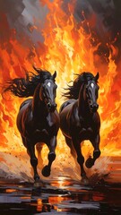 Two black horses running through fiery scene