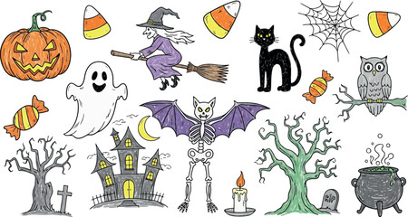 Vector art of halloween themed collection of icons and illustrations