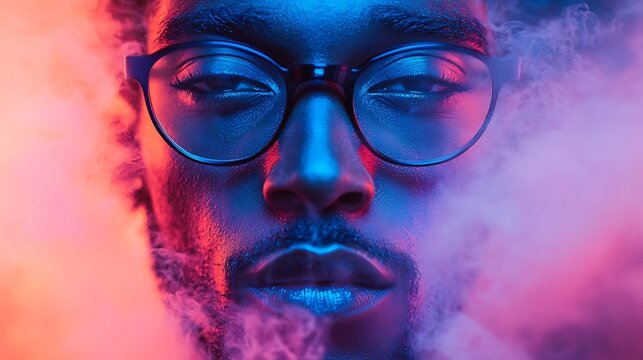 Portrait of a stylish man illuminated by vibrant neon lights with smoke effects