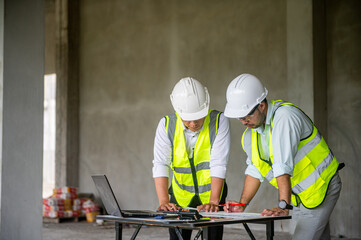 Fototapeta premium Engineer and architect are planning the construction and addition of buildings on site