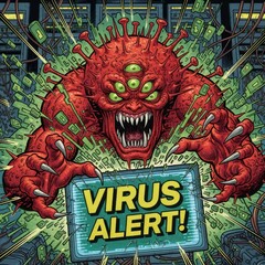 Obraz premium Red covid monster breaking through screen with virus alert. Cyberattack and data threat concept. Scary creature.