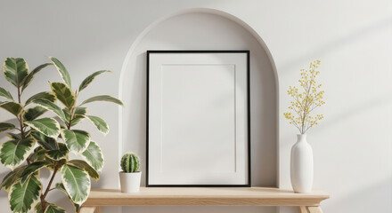 Sophisticated Interior Decor Featuring a Blank Framed Poster, Lush Plant, and Elegant Vase Against a White Arched Wall for Artistic Display and Home Styling