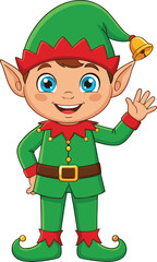 Cartoon elf character, festive green costume, Christmas theme, holiday illustration, cheerful pose, waving hand, curled shoes, red accents, seasonal design