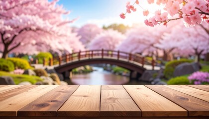 Wooden table in foreground with a scenic view of blooming cherry blossom trees and a bridge in the background under soft sunlight
