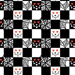 Halloween seamless pattern with scary monsters face and spiderwebs in chessboard background. perfect for festive designs, textiles, wrapping paper, or digital art. Simple squares background