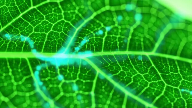 Extreme macro video of a vibrant emerald green leaf, turquoise bioluminescent light illuminating intricate veins and cellular structure, creamy bokeh, futuristic biological data stream concept.