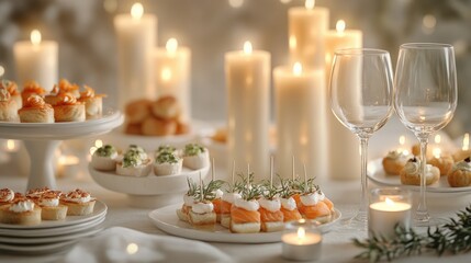 Fototapeta premium A beautifully arranged table setting with various appetizers, candles, and elegant glassware, creating a warm and inviting atmosphere for a special occasion.