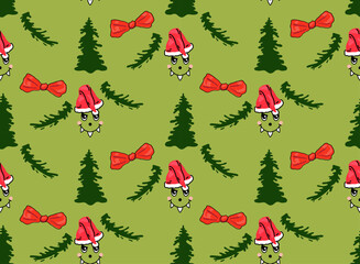 Seamless Christmas pattern with cute Monster faces in Santa hats, red bows and pine trees on a festive green background. Perfect for wrapping paper, fabric, kids’ apparel, or holiday decor