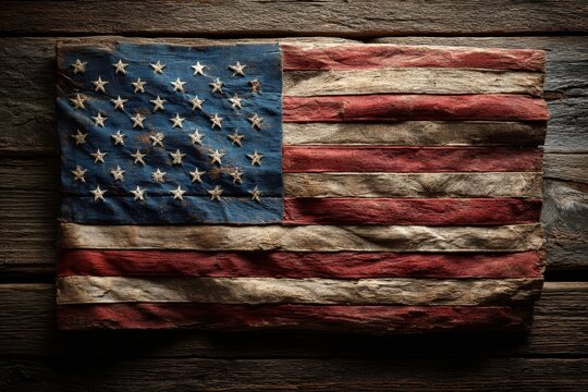 Tattered United States flag lays flat on a dark, weathered, wooden surface showing age and patriotism