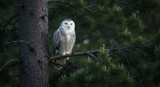 Snowy owl perched on a tree branch in a forest setting - Powered by Adobe