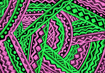 Background drawn with colored pens, featuring complex intertwining of pink and green geometric patterns on black. Diamonds, triangles, lines, waves, dots. Different thicknesses. Filled with strokes.