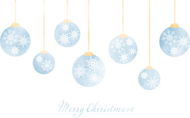 水彩風のテクスチャ付きのオシャレな雪の結晶模様のクリスマスオーナメントのイラスト。水彩風で柔らかくオシャレなワンポイントに！水色、青。